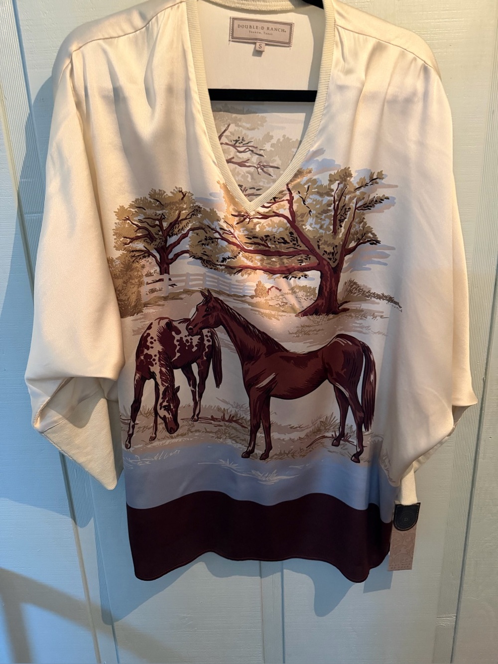 Double D Ranch Silk Cream and Brown Horse Sense V-Neck Top